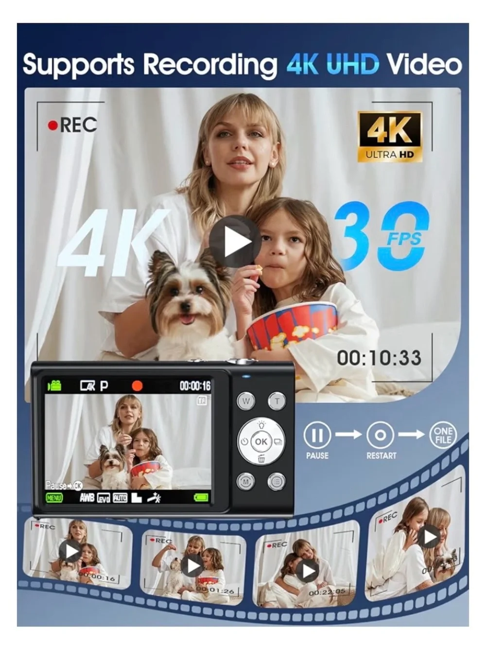 4K Black Digital Camera with Flip LCD - Compact Photo & Video Camera